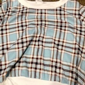 size medium cropped blue and brown and white plaid shirt